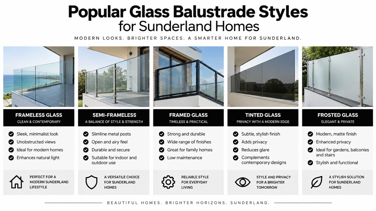 A comparison chart showing five popular styles of glass balustrades available for homes in Sunderland.