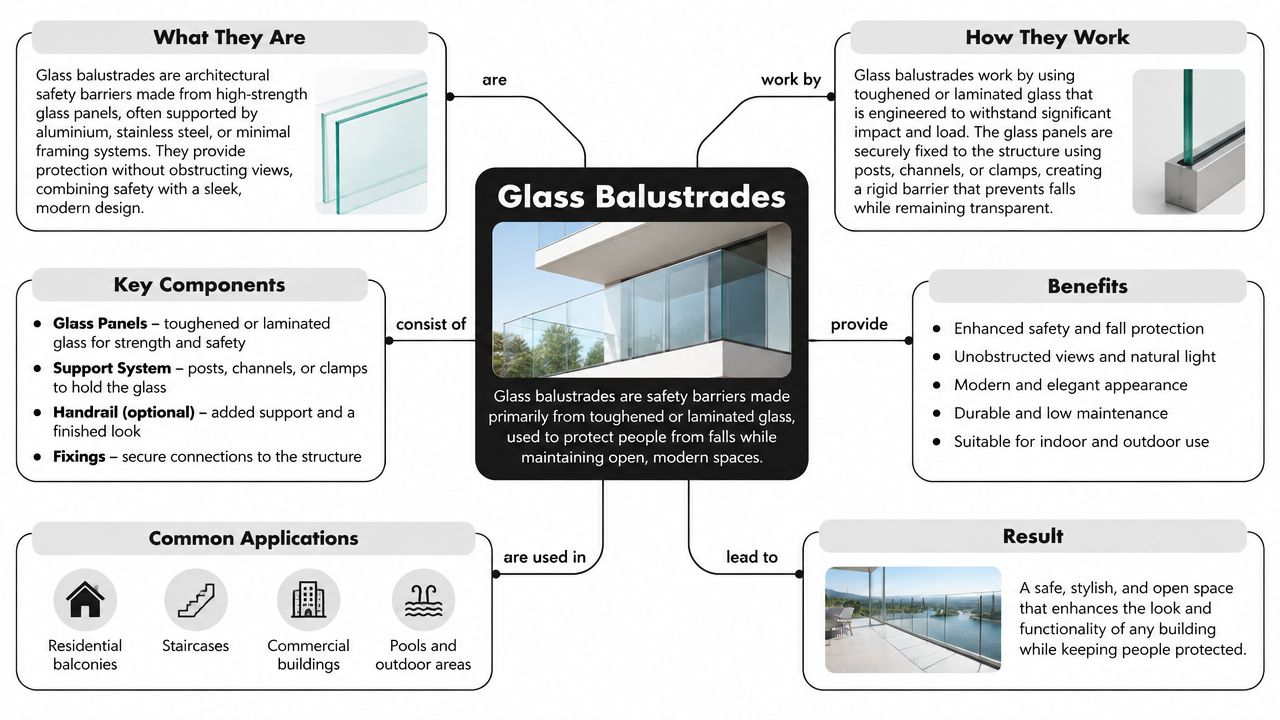 A detailed infographic explaining the composition, benefits, and common applications of modern architectural glass balustrade systems.