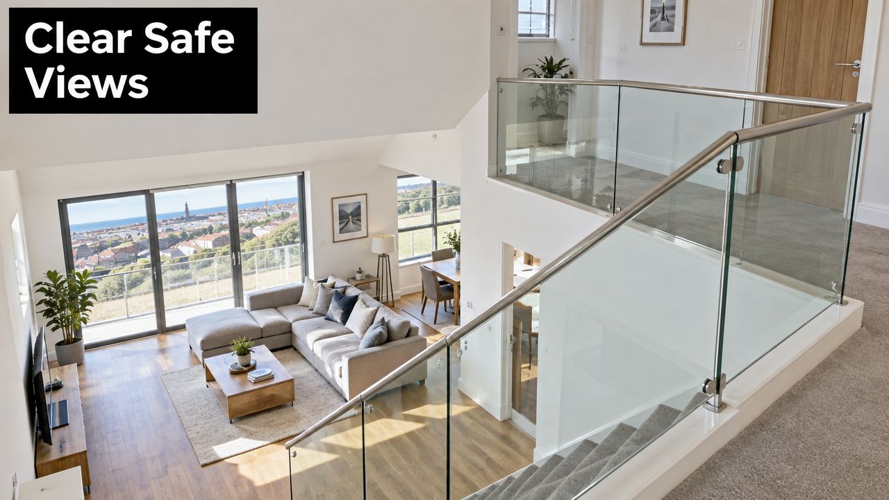A bright, airy living room seen from an elevated position, featuring modern glass balustrades and coastal views.