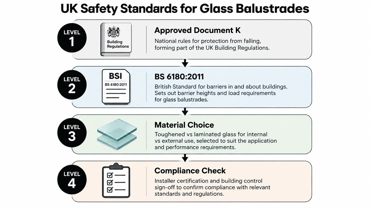 A diagram outlining the four levels of UK safety standards for glass balustrades, including regulations and compliance.