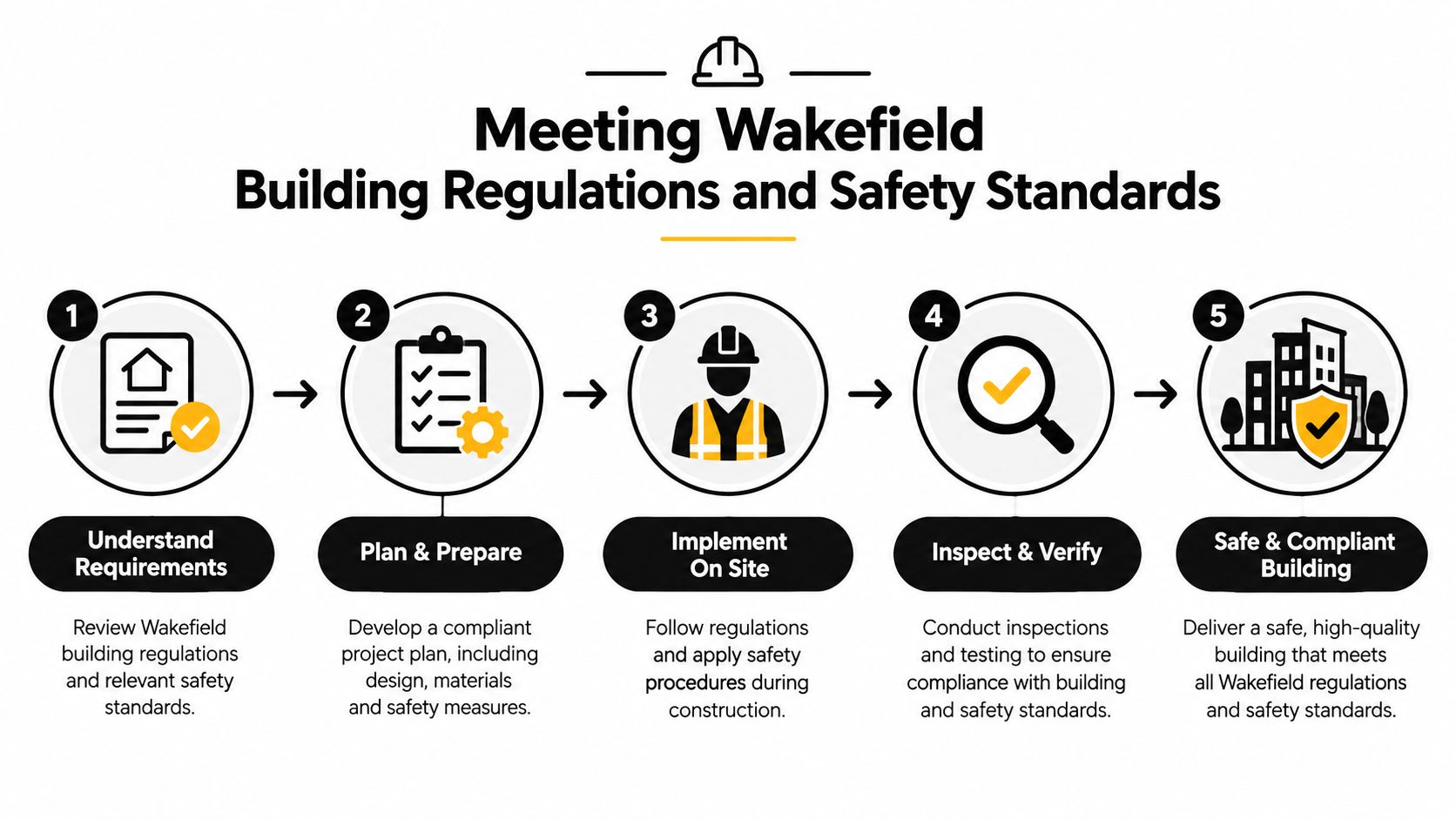 A five-step infographic outlining the process for meeting Wakefield building regulations and construction safety standards.