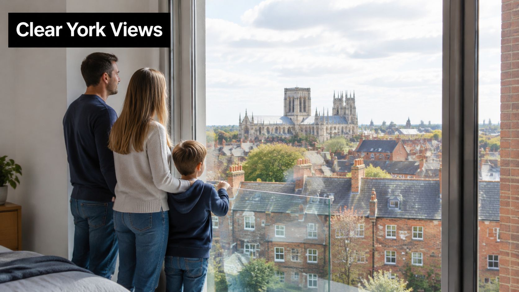 A family of three admiring the view of York Minster from their modern apartment window balcony.
