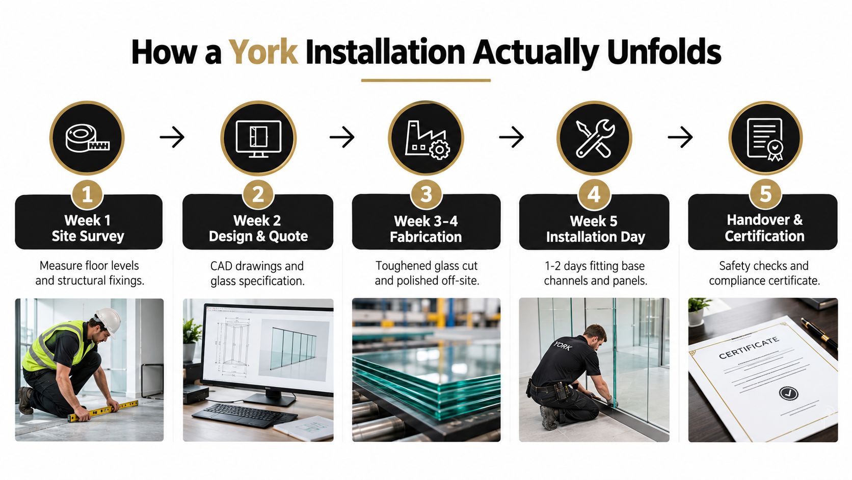 A five-step infographic showing the York installation process for glass balustrades from survey to final certification.
