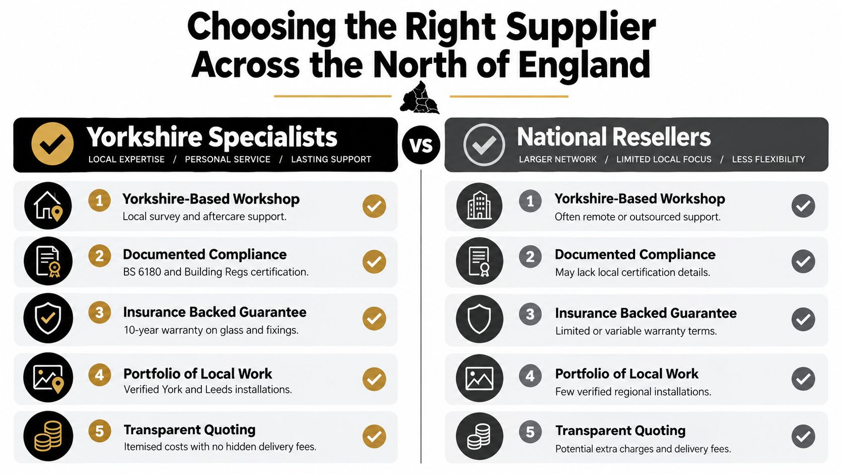 A comparison infographic between local Yorkshire glass specialists and national resellers for choosing the right supplier.